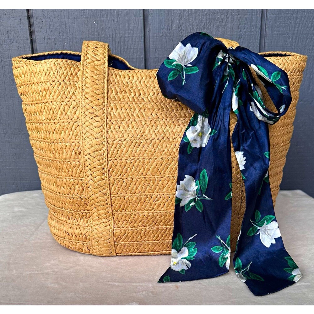 Draper James Natural Woven Tote Bag Bow Accent Zip Closure Lined Pockets Strap